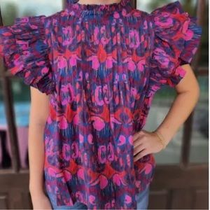 Oliphant Pink and Purple Ruffle Sleeve Smocked Blouse
